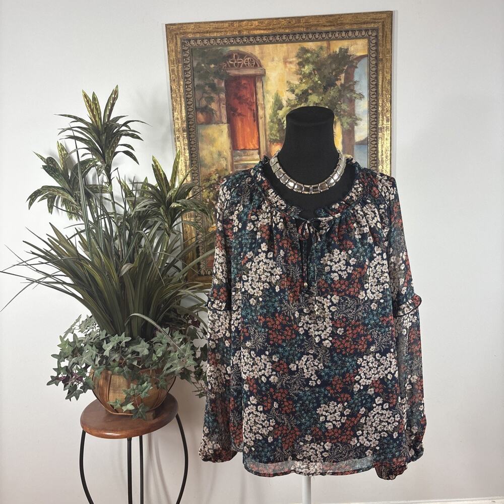 Wonderly Women’s Floral Boho Peasant Top Long Sleeve Green Multicolor Size Large
